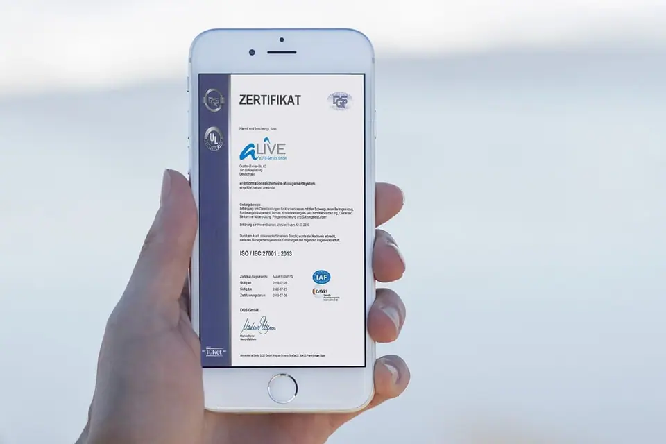 Die aLIVE-Service GmbH hat die Prüfung zur Zertifizierung nach ISO 27001 IT-Informationssicherheits-Management (ISMS) bestanden